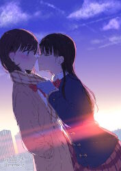 Rule 34 | 2girls, artist name, black hair, blue jacket, blush, bow, bowtie, brown eyes, brown hair, brown jacket, brown scarf, closed eyes, closed mouth, collared shirt, commentary request, diagonal-striped bow, diagonal-striped bowtie, diagonal-striped clothes, dress shirt, facing another, gloves, grey gloves, hands in pockets, highres, jacket, lens flare, long hair, long sleeves, looking at another, mole, mole under eye, multiple girls, muromaki, original, plaid, plaid skirt, pleated skirt, red bow, red bowtie, red skirt, scarf, school uniform, shirt, short hair, skirt, striped, striped clothes, twitter username, white shirt, winter clothes, yuri