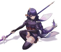 Rule 34 | 1girl, blunt bangs, braid, closed mouth, genshin impact, hair ornament, hair ribbon, highres, holding, holding polearm, holding weapon, japanese clothes, long hair, looking to the side, mano (m1n0f2e1), mole, mole under eye, on one knee, polearm, purple eyes, purple hair, raiden shogun, ribbon, simple background, single braid, solo, thighs, tomoe (symbol), twitter username, weapon, white background