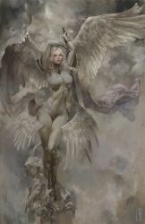 Rule 34 | 1girl, armor, arms up, blonde hair, blue eyes, bodysuit, boots, breasts, christian angel, claymore (series), cloak, cloud, cloudy sky, curly hair, feathered wings, full body, grey bodysuit, highres, holding, holding sword, holding weapon, large breasts, lips, long hair, looking up, low wings, multiple wings, shoulder armor, signature, sky, standing, statue, sword, teresa (claymore), weapon, wings