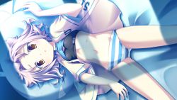 Rule 34 | 1girl, baseball, bed, fue (tsuzuku), highres, lingerie, open clothes, open shirt, panties, rococoworks, shirt, solo, sports bra, striped clothes, striped panties, underwear, volume7, wallpaper