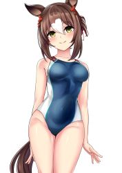 Rule 34 | 1girl, animal ears, blue one-piece swimsuit, breasts, brown hair, collarbone, commentary, competition swimsuit, covered navel, fine motion (umamusume), folded ponytail, green eyes, groin, hair between eyes, hair ornament, herohero (higashi no dou), highres, horse ears, horse girl, horse tail, impossible clothes, impossible swimsuit, looking at viewer, medium breasts, multicolored hair, navel, one-piece swimsuit, school uniform, short hair, simple background, smile, solo, streaked hair, swimsuit, tail, umamusume, white background, white hair, yellow eyes