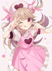 1girl absurdres apron bandages blush center_frills double_v frills hair_ornament hat heart highres hutaba_haru long_hair looking_at_viewer natori_sana nurse_cap one_eye_closed pink_apron pink_hat puffy_short_sleeves puffy_sleeves rabbit_hair_ornament red_eyes sana_channel short_sleeves solo tongue tongue_out two_side_up v virtual_youtuber