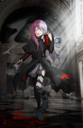 Rule 34 | #compass, 1girl, :d, absurdres, asymmetrical legwear, black coat, blood, blood on clothes, blood on face, closed eyes, coat, cross, cross necklace, facing viewer, floating hair, grey skirt, gun, hair between eyes, handgun, head tilt, highres, holding, holding gun, holding weapon, indoors, jewelry, long hair, long sleeves, megumegu, miniskirt, necklace, night, open mouth, pink hair, pleated skirt, skirt, smile, smoke, solo, striped clothes, striped thighhighs, thighhighs, uneven legwear, wdh841964350, weapon, zettai ryouiki