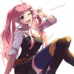 Rule 34 | 1girl, ascot, belt, blunt bangs, blush, breasts, brown belt, buttons, commentary, english text, female focus, fire emblem, fire emblem: three houses, garreg mach monastery uniform, happy birthday, highres, hilda valentine goneril, light rays, long hair, looking at viewer, matching hair/eyes, medium breasts, nintendo, one eye closed, open mouth, pink eyes, pink hair, shiroi (shiroicbe), signature, simple background, sitting, sleeves rolled up, smile, solo, teeth, thighhighs, twintails, uniform, upper teeth only, v, white ascot, white background, wink