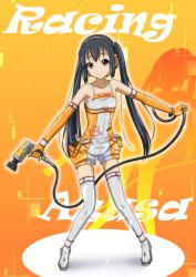 Rule 34 | 1girl, black hair, brown eyes, cosplay, drill, elbow gloves, flat chest, full body, gloves, hatsune miku, hatsune miku (cosplay), k-on!, long hair, nakano azusa, oku no shi, power drill, power tool, race queen, racing miku, solo, thighhighs, twintails, vocaloid, zettai ryouiki