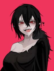 Rule 34 | 1girl, absurdres, bad id, bad twitter id, black hair, black shirt, breasts, collarbone, drooling, elf, hair between eyes, heart, highres, korean commentary, large breasts, looking at viewer, open mouth, original, pink background, pinkboy, pointy ears, ponytail, red eyes, sharp teeth, shirt, single bare shoulder, smile, solo, teeth, tongue, tongue out, torn clothes, torn shirt
