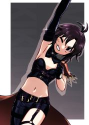 Rule 34 | 1girl, antenna hair, arm up, asymmetrical clothes, belt, belt buckle, black eyes, black gloves, breasts, buckle, cleavage, clenched hand, detached collar, garter straps, gloves, grin, hair between eyes, idolmaster, idolmaster (classic), idolmaster million live!, idolmaster million live! theater days, kikuchi makoto, multiple belts, navel, o-ring, one eye closed, purple belt, purple hair, short hair, silhouette, single garter strap, small breasts, smile, solo, takahashi umori, teeth