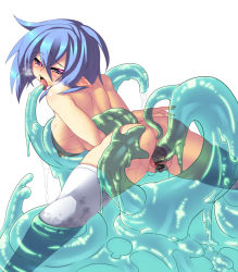 Rule 34 | 1girl, anus, arms behind back, ass, ass grab, back, bdsm, blue eyes, blue hair, bondage, bound, bound arms, grabbing another&#039;s breast, breasts, censored, cervix, elf, foroto, from behind, gaien, grabbing, large breasts, looking back, monster, nipples, nude, original, pointy ears, pussy, rape, restrained, slime (substance), solo, spread legs, spread pussy, sweat, tears, tentacles, thighhighs, vaginal, white thighhighs