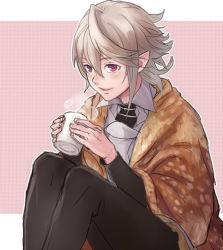 Rule 34 | 1boy, black necktie, blanket, blush, bow, corrin (fire emblem), corrin (male) (fire emblem), cup, fire emblem, fire emblem fates, hair between eyes, hashiko (neleven), holding, male focus, mug, necktie, nintendo, parted lips, patterned background, pink bow, pointy ears, rectandoll senki revolution, red eyes, silver hair, sitting, smile, solo, steam