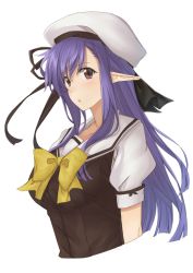 Rule 34 | 00s, 1000000000, 1girl, blush, hat, long hair, looking at viewer, nerine, pointy ears, purple hair, red eyes, school uniform, short sleeves, shuffle!, simple background, solo, upper body, white background