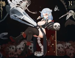 Rule 34 | 1girl, armor, bare shoulders, bird, black footwear, black gloves, black thighhighs, blue hair, bone, bonesaw, boots, breasts, cleavage, cleavage cutout, clothing cutout, demon horns, elbow gloves, fish, glasses, gloves, hacksaw, highleg, highleg leotard, highres, horns, large breasts, leotard, long hair, low-tied long hair, monocle, original, parted lips, pointy ears, red eyes, reptile, saw, scalpel, sitting on tail, skeleton, skull, smile, solo, tail, thighhighs, yueguang zhanglang