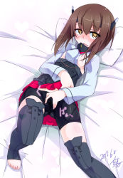Rule 34 | 10s, 1girl, bike shorts, black thighhighs, blush, breasts, brown eyes, brown hair, feet, flat chest, gradient background, headband, headgear, highres, kantai collection, looking at viewer, lying, nipples, on back, open mouth, pleated skirt, pussy, shirogane (cufsser), short hair, skirt, small breasts, solo, spread pussy, spread pussy under clothes, taihou (kancolle), thighhighs, toeless legwear, toes