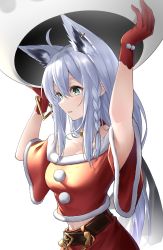 Rule 34 | 1girl, absurdres, ahoge, animal ears, arms up, bell, belt, braid, breasts, commentary request, crop top, extra ears, fox ears, fox girl, fox tail, gloves, green eyes, hair between eyes, highres, holding head, hololive, long hair, looking away, medium breasts, midriff, navel, neck bell, open mouth, red gloves, red shirt, red skirt, shirakami fubuki, shirt, short sleeves, sidelocks, simple background, single braid, skirt, snowman, solo, tail, tsurupy, very long hair, virtual youtuber, white background, white hair