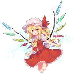 Rule 34 | 1girl, ascot, bad id, bad pixiv id, blonde hair, bow, flandre scarlet, floating, full body, hat, hat bow, looking at viewer, mob cap, open mouth, puffy short sleeves, puffy sleeves, red bow, red eyes, red skirt, red vest, sawayaka samehada, short sleeves, side ponytail, skirt, smile, solo, touhou, vest, white background, white hat, wing collar, wings