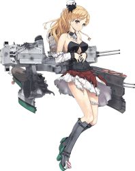 Rule 34 | 10s, 1girl, :o, bare shoulders, blonde hair, braid, breasts, bridal garter, brown legwear, cannon, cleavage cutout, clothing cutout, corset, french braid, full body, jiji (aardvark), kantai collection, large breasts, layered skirt, long sleeves, machinery, miniskirt, official art, open mouth, skirt, solo, torn clothes, transparent background, turret, wavy hair, zara (kancolle), zara due (kancolle)