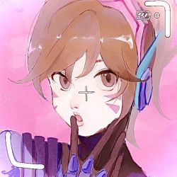 Rule 34 | 1girl, animification, battery indicator, black gloves, brown eyes, brown hair, d.va (overwatch), facial mark, gloves, headset, looking at viewer, open mouth, overwatch, overwatch 2, pilot suit, portrait, si yu anle, solo, viewfinder, whisker markings