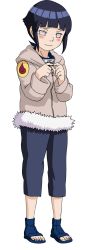 Rule 34 | 1girl, artist request, black hair, blush, child, coat, eyebrows, feet, fidgeting, forehead protector, full body, grey eyes, headband, highres, hyuuga hinata, naruto, naruto (series), nervous, official art, purple eyes, sandals, short hair, solo, tagme, toes, white background, white eyes