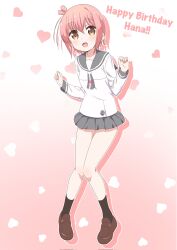 Rule 34 | 1girl, arms up, birthday, black socks, blush, breasts, dot nose, english text, happy birthday, heart, heart (symbol), heart background, highres, ichinose hana, legs, looking at viewer, medium hair, open mouth, pink hair, school uniform, shoes, skirt, slow start, small breasts, socks, solo, standing, thighs, warukusu, yellow eyes