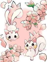 Rule 34 | alternate color, animal focus, colored skin, commentary request, creatures (company), flower, game freak, gen 4 pokemon, hanabusaoekaki, highres, nintendo, no humans, open mouth, pachirisu, petals, pink background, pink flower, pokemon, pokemon (creature), shiny pokemon, smile, solid oval eyes, tail, teeth, upper teeth only, white skin