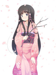 Rule 34 | 1girl, anyannko, bad id, bad pixiv id, black hair, child, highres, japanese clothes, kimono, long hair, original, petals, purple eyes, simple background, smile, solo, white background