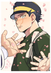 Rule 34 | 1girl, 2boys, asirpa, birthday, blush, cherry blossoms, facial scar, from side, golden kamuy, green kimono, happy, happy tears, hat, highres, japanese clothes, kepi, kimono, looking at viewer, male focus, military hat, multiple boys, onnomono, outstretched arm, pov, pov hands, scar, scar on cheek, scar on face, scar on nose, shiraishi yoshitake, short hair, solo focus, sugimoto saichi, tearing up, tears, upper body