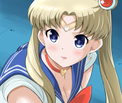 Rule 34 | 1girl, @ @, bad id, bad twitter id, bishoujo senshi sailor moon, bishoujo senshi sailor moon s, blonde hair, blue eyes, blue sailor collar, breasts, choker, cleavage, collarbone, commentary request, crescent, crescent earrings, derivative work, diadem, earrings, heart, jewelry, meme, red choker, sailor collar, sailor moon, sailor moon redraw challenge (meme), screenshot redraw, solo, tsukino usagi, twintails, upper body, yano toshinori