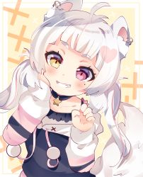 Rule 34 | 1girl, absurdres, ahoge, animal ears, blush, bow, chii paws, fox ears, fox tail, grin, hair ornament, heterochromia, highres, indie virtual youtuber, jewelry, long hair, long sleeves, low twintails, messy hair, mole, mole under eye, multicolored hair, necklace, nohoshio, piercing, pink eyes, short eyebrows, sleeves past elbows, smile, solo, star (symbol), streaked hair, tail, twintails, virtual youtuber, white hair, yellow eyes