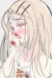 Rule 34 | 1girl, blonde hair, blood, blood on clothes, blood on hands, blush, camisole, chinese commentary, commentary request, gakuen idolmaster, grey background, hair ornament, hairclip, highres, idolmaster, long hair, monae, nosebleed, orange eyes, parted lips, shinosawa hiro, simple background, solo, tearing up, upper body, white camisole