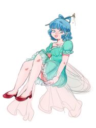 Rule 34 | 1girl, :d, bad id, bad pixiv id, blue dress, blue eyes, blue hair, collarbone, covering privates, covering ass, dress, frilled dress, frills, hair ornament, hair rings, hair stick, kaku seiga, legs, matching hair/eyes, momoyamiya, open mouth, puffy sleeves, shawl, short hair, short sleeves, simple background, sitting, sketch, slippers, smile, solo, touhou, white background
