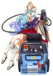 Rule 34 | 1girl, :d, bangle, beads, blue hair, blush, bracelet, brown eyes, cable, dial, full body, gradient hair, high pressure washer (ole tower), japanese clothes, jewelry, kneehighs, long hair, multicolored hair, official art, ole tower, open mouth, sandals, sitting, smile, socks, solo, transparent background, white headwear, white socks, wide sleeves, winch