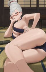 1girl ass ayase_seiko breasts brown_eyes cigarette cowboy_shot dandadan fingernails glasses highres hood_(james_x) indoors large_breasts light_blush long_hair looking_at_viewer lying on_side one_eye_closed shadow short_eyebrows solo white_hair