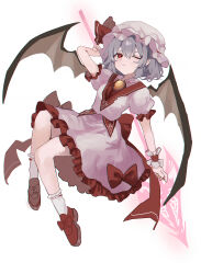 Rule 34 | 1girl, absurdres, bat wings, blush, closed mouth, collared shirt, frilled skirt, frills, full body, grey hair, hat, hat ribbon, highres, holding, holding weapon, kani nyan, mob cap, one eye closed, pink hat, pink shirt, pink skirt, pointy ears, red eyes, red footwear, red ribbon, remilia scarlet, ribbon, shirt, shoes, short hair, short sleeves, simple background, skirt, socks, solo, spear the gungnir, touhou, weapon, white background, white socks, wings