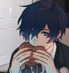 Rule 34 | 1boy, ahoge, black suit, blue eyes, blue hair, bright pupils, burger, commentary, eating, english commentary, eyelashes, food, formal, hair between eyes, highres, holding, holding burger, holding food, jerma985, jerma985 eating a whopper (meme), male focus, meme, persona, persona 3, persona 3 reload, photo-referenced, real life, sevenreii, shirt, short hair, solo, suit, upper body, white pupils, white shirt, yuuki makoto (persona 3)