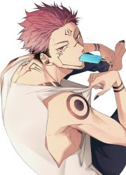 Rule 34 | 1boy, adjusting shirt, arm tattoo, black hair, black nails, extra eyes, facial tattoo, food, highres, jujutsu kaisen, looking at another, looking at viewer, male focus, mon (mooooon day), multicolored hair, nail polish, pink hair, popsicle, red eyes, ryoumen sukuna (jujutsu kaisen), shirt, short hair, sitting, solo, spiked hair, sweat, tank top, tattoo, two-tone hair, undercut, white background
