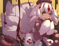 Rule 34 | 1girl, chocolate, claws, cookie, dark skin, doughnut, eating, extra arms, faputa, fewer digits, food, food on face, highres, made in abyss, monster girl, multiple tails, navel, solo, sprinkles, standing, tail, very dark skin, weiyu (jj33jj55), white fur, yellow eyes
