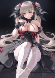 Rule 34 | 1girl, absurdres, alternate costume, azur lane, bare shoulders, black dress, black gloves, blush, breasts, classic (zildjian33), cleavage, collarbone, commentary request, dark background, detached sleeves, dress, earpiece, fingerless gloves, formidable (azur lane), formidable (muse) (azur lane), gloves, hair ornament, hand on own chest, highres, large breasts, light brown hair, long hair, looking at viewer, open mouth, paid reward available, pantyhose, puffy sleeves, red eyes, simple background, sitting, soles, solo, tile floor, tiles, twintails, very long hair, white pantyhose