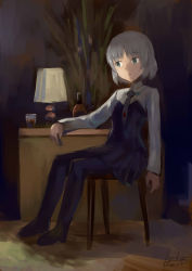 Rule 34 | 1girl, alcohol, artist name, bottle, chair, dark, dated, glass, green eyes, highres, kanokoga, lamp, necktie, pantyhose, sanya v. litvyak, short hair, silver hair, sitting, solo, strike witches, world witches series