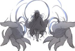 Rule 34 | 1girl, borrowed character, cloak, commentary request, hair between eyes, large hands, long hair, looking at viewer, messy hair, original, otokuyou, oversized limbs, red eyes, simple background, sketch, solo, spot color, torn cloak, torn clothes, white background
