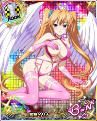 Rule 34 | 1girl, ahoge, angel, angel wings, armpits, arms behind head, breasts, card (medium), chess piece, cleavage, covering privates, covering breasts, female focus, garter straps, gloves, high school dxd, large breasts, long hair, looking at viewer, navel, one breast out, orange hair, panties, pink gloves, pink panties, pink thighhighs, purple eyes, revealing clothes, rook (chess), shidou irina, smile, solo, stomach, thighhighs, twintails, underwear, white wings, wings