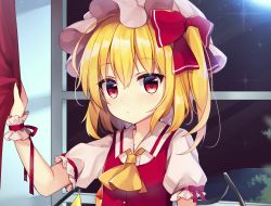 Rule 34 | 1girl, arm up, ascot, blonde hair, blush, bow, commentary request, curtain grab, curtains, diffraction spikes, expressionless, flandre scarlet, frilled cuffs, hair bow, hat, highres, indoors, looking at viewer, mob cap, night, one side up, puffy short sleeves, puffy sleeves, red bow, red eyes, red ribbon, red vest, ribbon, ruhika, short hair, short sleeves, solo, star (sky), touhou, upper body, vest, window, wings, yellow ascot