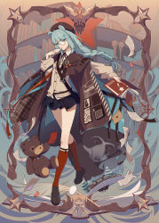 Rule 34 | 1girl, animal ears, arknights, bear, bear ears, beret, black footwear, black skirt, blue eyes, blue hair, book, bookshelf, border, braid, braided ponytail, breasts, brown cardigan, brown coat, brown hat, cai mu you, cardigan, chinese commentary, closed mouth, clothes writing, coat, collared shirt, confetti, envelope, feathers, full body, glasses, hair ornament, hat, highres, holding, holding book, holding envelope, istina (arknights), kneehighs, light blue hair, light smile, loafers, long hair, looking at viewer, miniskirt, monocle, neck ribbon, open book, outstretched arm, paper, pleated skirt, red ribbon, red socks, ribbed legwear, ribbon, semi-rimless eyewear, shirt, shoes, skirt, small breasts, smile, socks, solo, standing, star (symbol), star hair ornament, strap, stuffed animal, stuffed toy, teddy bear, train, tree, white shirt, wing collar