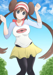 Rule 34 | 1girl, black pantyhose, blush, bow, breasts, bright pupils, brown hair, closed mouth, cloud, collarbone, commentary request, creatures (company), day, double bun, floating hair, game freak, grey eyes, hair between eyes, hair bun, hands up, highres, kukaninugi, long hair, nintendo, outdoors, pantyhose, pantyhose under shorts, pink bow, pokemon, pokemon bw2, raglan sleeves, rosa (pokemon), shirt, shorts, sky, sleeves past elbows, smile, solo, twintails, two-tone headwear, visor cap, yellow shorts