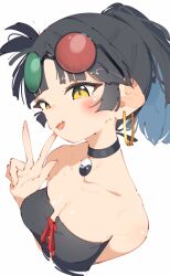 Rule 34 | 1girl, an-an lee, bare shoulders, black hair, blue hair, blush, breasts, choker, cleavage, cropped torso, earrings, eyewear on head, fang, highres, hoop earrings, jewelry, looking at viewer, medium breasts, multicolored hair, open mouth, ponytail, rasusurasu, reverse:1999, simple background, skin fang, solo, strapless, sunglasses, upper body, v, white background, yellow eyes, yin yang