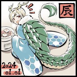 Rule 34 | 1girl, blonde hair, blue kimono, chinese zodiac, dated, dragon horns, dragon tail, food, horns, japanese clothes, kicchou yachie, kimono, long sleeves, looking at viewer, mochi, open mouth, red eyes, short hair, smile, solo, tail, touhou, turtle shell, wide sleeves, year of the dragon, yellow horns, yudepii