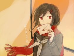 Rule 34 | 1girl, aaniko, black sailor collar, black serafuku, brown hair, covering own mouth, curtains, enpera, envelope, fringe trim, hair ornament, hairclip, holding, holding envelope, indoors, kagerou project, long sleeves, looking at viewer, mekakucity actors, neckerchief, orange sky, red eyes, red scarf, sailor collar, scarf, school uniform, serafuku, sketch, sky, sleeve cuffs, solo, tateyama ayano, twilight, upper body, white neckerchief, window