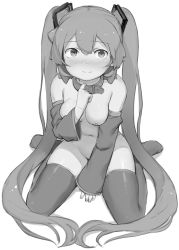 Rule 34 | 1girl, abmayo, bare shoulders, between legs, blush, boots, breasts, closed mouth, collar, commentary request, detached sleeves, full body, greyscale, hair ornament, hand between legs, hatsune miku, long hair, long sleeves, looking at viewer, medium breasts, monochrome, navel, nipples, sitting, solo, thigh boots, thighhighs, twintails, very long hair, vocaloid, wariza