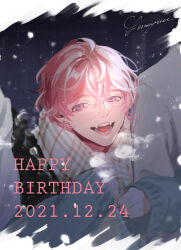 Rule 34 | 2021, 3boys, aizome kento, aru iru, ashu yuuta, b-project, character name, dated, double arm hug, fangs, freckles, happy birthday, highres, kaneshiro goushi, long sleeves, looking at viewer, male focus, multiple boys, pink eyes, pink hair, scarf, short hair, smile, snow, snowing, teeth, thrive (b-project)