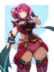 Rule 34 | 1girl, absurdres, black gloves, breasts, chest jewel, earrings, fingerless gloves, gloves, highres, jewelry, large breasts, pyra (xenoblade), red eyes, red hair, red shorts, red thighhighs, shizuki muika, short hair, short shorts, shorts, solo, swept bangs, thighhighs, tiara, xenoblade chronicles (series), xenoblade chronicles 2