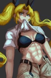 Rule 34 | 1girl, abs, absurdres, blonde hair, blue eyes, bra, clothes in mouth, clothes lift, dudeunderscore, highres, lilial zahard, mouth hold, muscular, muscular female, shirt in mouth, shirt lift, tower of god, twintails, unbuttoned pants, underwear