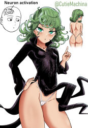 Rule 34 | 1girl, ass, black dress, blush, breasts, cameltoe, cleft of venus, curly hair, cutiemachina, dress, green eyes, green hair, groin, hand on own hip, looking at viewer, multiple views, one-punch man, panties, saitama (one-punch man), simple background, small breasts, tatsumaki, thong, underwear, white background, white panties